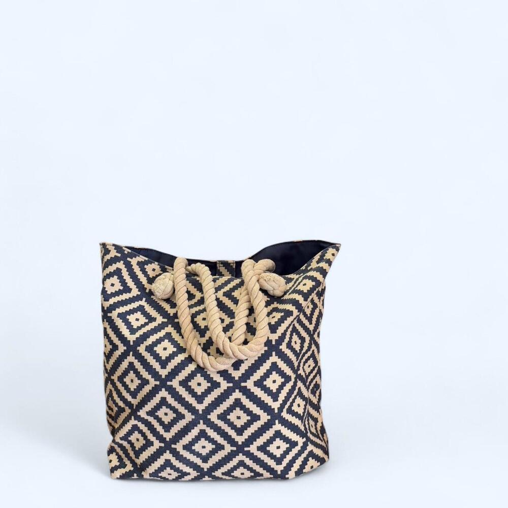 Navy blue and cream geometric print canvas beach bag